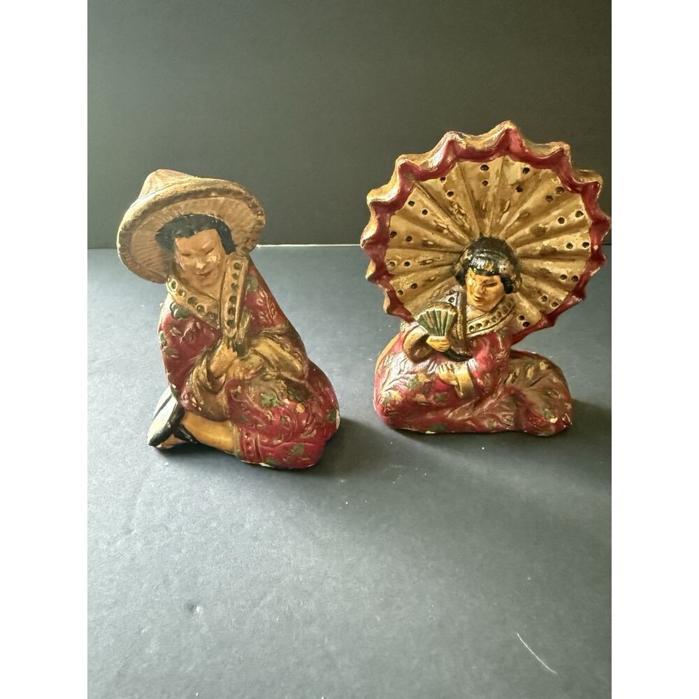 Vintage Ceramic MCM Happy Asian Couple Man Woman Figurines Red Chinese Oriental - Picture 2 of 6